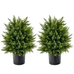 BECOMFORT 22'' Artificial Cedar Topiary Tree 2 Pack, Faux Shrub Brush Potted Tree Set With Cement Pot, Fake Greenery Decorative Potted Plants For Indoor Outdoor Use (Cedar Tree)