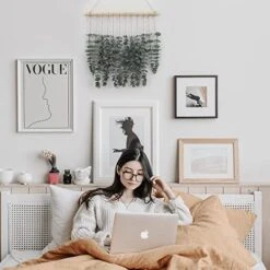 Artificial Eucalyptus Wall Decor | Eucalyptus Vines Wall Hanging Plants With Wooden Stick Decor - Hanging Eucalyptus Fake Vines Greenery For Boho Home Room Wall Decor,Green