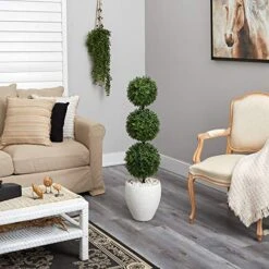 Nearly Natural 3.5ft. Boxwood Triple Ball Topiary Artificial Tree In White Planter (Indoor/Outdoor), Green 9 Nearly Natural 3.5ft. Boxwood Triple Ball Topiary Artificial Tree In White Planter (Indoor/Outdoor), Green -Artificial Trees Store 51H05BQ7ocL