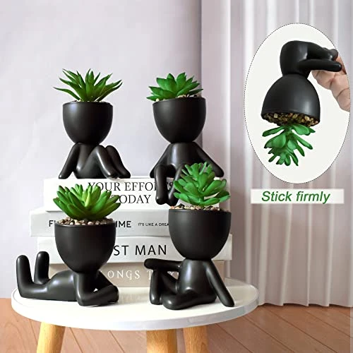 4 PCS Fake Succulent With Ceramic Artificial Succulent Planter Pot For Home Decor, Cute Human Shaped Mini Pots For Office Desk Bathroom Decorations (Matte Black) 9 4 PCS Fake Succulent With Ceramic Artificial Succulent Planter Pot For Home Decor, Cute Human Shaped Mini Pots For Office Desk Bathroom Decorations (Matte Black) - Image 7