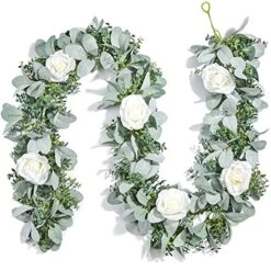 Miracliy 6 Ft Eucalyptus Garland With Flowers, Lambs Ear Greenery White Roses Flower Garland Fake Vines For Wedding Boho Table Mantle Backdrop Party Farmhouse Home Decor