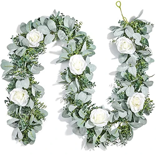 Miracliy 6 Ft Eucalyptus Garland With Flowers, Lambs Ear Greenery White Roses Flower Garland Fake Vines For Wedding Boho Table Mantle Backdrop Party Farmhouse Home Decor 3 Miracliy 6 Ft Eucalyptus Garland With Flowers, Lambs Ear Greenery White Roses Flower Garland Fake Vines For Wedding Boho Table Mantle Backdrop Party Farmhouse Home Decor