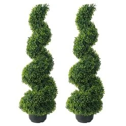 35 Inch Artificial Boxwood Topiary Tree Spiral Plants Fake Faux Artificial Topiary Trees Plant Decor In Plastic Pot Green Indoor Or Outdoor For Garden Gate Office Home Decoration Gifts, Set Of 2