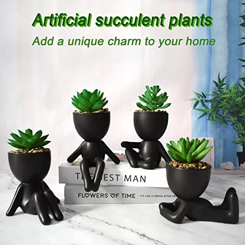 4 PCS Fake Succulent With Ceramic Artificial Succulent Planter Pot For Home Decor, Cute Human Shaped Mini Pots For Office Desk Bathroom Decorations (Matte Black) 5 4 PCS Fake Succulent With Ceramic Artificial Succulent Planter Pot For Home Decor, Cute Human Shaped Mini Pots For Office Desk Bathroom Decorations (Matte Black) - Image 3