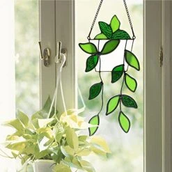 BOXCASA Green Plants Artificial Decor,Handcrafted Green Fake Plant Stained Glass Window Hanging,Faux Plant Suncatchers Decoration Gifts For Plant Lovers,Plant Gift For Mother Nana Grandma Aunt -Artificial Trees Store 51LWbBJ9TNL