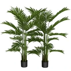 Palm Tree, Artificial Trees, Areca Palms, 5 Feet, 2 Pack, 36”-40”W X 54”-58”H, Green, Plastic, Fake Plants, Faux Houseplant, Outside Tree, Tall W/ 17 Trunks, For Home Decor, Indoor, Outdoor, Office