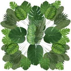 Auihiay 90 PCS 6 Kinds Monstera Leaves Palm Leaves Tropical Party Decorations Jungle Leaf With Stem For Tropical Leaves Decorations Beach Birthday Jungle Party Palm Leaves Decorations