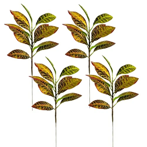 Artificial Croton Plant Leaf Branches Lifelike Tropical Houseplant Bush Stems For Home Office Decoration (Green - Pack Of 4) 4 Artificial Croton Plant Leaf Branches Lifelike Tropical Houseplant Bush Stems For Home Office Decoration (Green - Pack Of 4) - Image 2
