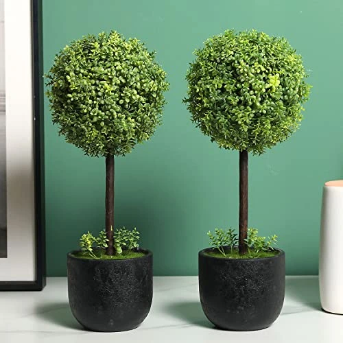 MyGift 13 Inch Realistic Artificial Boxwood Topiary Trees, Faux Tabletop Decorative Plants With Black Pots, Set Of 2 5 MyGift 13 Inch Realistic Artificial Boxwood Topiary Trees, Faux Tabletop Decorative Plants With Black Pots, Set Of 2 - Image 3