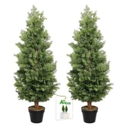 Aveyas 2 Pack 4ft Artificial Cone Topiary Cedar Trees In Cemented Plastic Pot, Fake Cypress Plants Faux Mini Pine Silk Trees For Indoor Outdoor Patio Front Door Porch Floor Home Modern Decor, 4 Feet