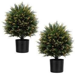 ECOLVANT Artificial Topiary Cedar Ball Tree Two 20''T Artificial Cedar Tree UV Resistant Bushes Potted Plants Artificial Shrubs For Indoor Outdoor Home Garden (Yellow-Green)