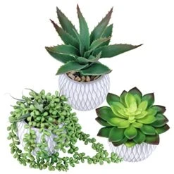 Set Of 3 Small Potted Succulent Plants Artificial Hanging Succulent Aloe In Gray Concrete Ceramic Pots With Geometry Textured For Party Favor Gift Windowsill Table Shelf Indoor Outdoor Greenery Decor