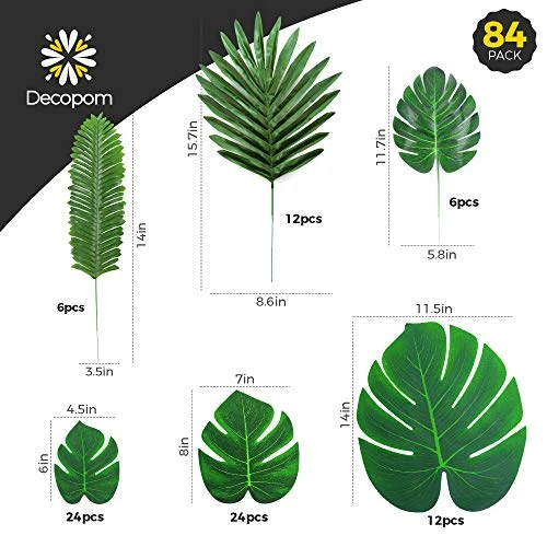 Decopom Palm Leaves Artificial Tropical Monstera-84Pcs 6 Kinds Large Small Green Fake Palm Leaf With Stems For Safari Jungle Hawaiian Luau Party Table Decoration Wedding Birthday Theme Party 4 Decopom Palm Leaves Artificial Tropical Monstera-84Pcs 6 Kinds Large Small Green Fake Palm Leaf With Stems For Safari Jungle Hawaiian Luau Party Table Decoration Wedding Birthday Theme Party - Image 2