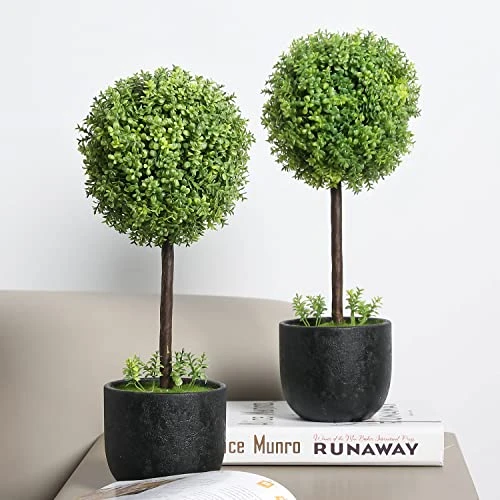 MyGift 13 Inch Realistic Artificial Boxwood Topiary Trees, Faux Tabletop Decorative Plants With Black Pots, Set Of 2 4 MyGift 13 Inch Realistic Artificial Boxwood Topiary Trees, Faux Tabletop Decorative Plants With Black Pots, Set Of 2 - Image 2