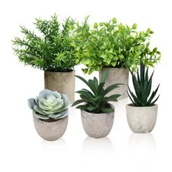Memeaty Set Of 5 Small Fake Plants Artificial Rosemary Peppermint Plants Fake Succulents Plants In Pot For Home Office Decoration,Artficial Greenery Faux Plants Indoor For Table Shelf Decor