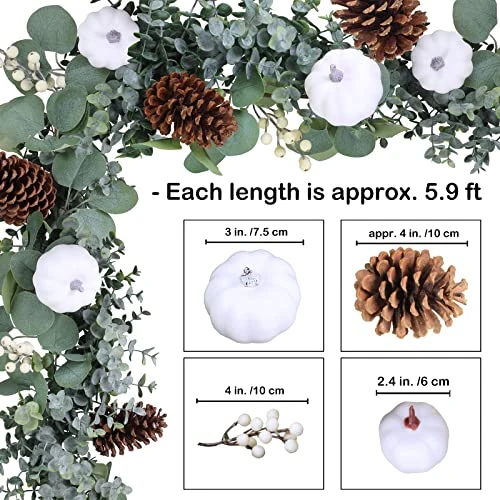 Fall White Pumpkin Garland Artificial Eucalyptus Garland With Pumpkins Pinecones Berries Fall Garland 5.9' L For Farmhouse Wedding Arch Backdrop Thanksgiving Mantel Table Runner Centerpiece Decor 4 Fall White Pumpkin Garland Artificial Eucalyptus Garland With Pumpkins Pinecones Berries Fall Garland 5.9' L For Farmhouse Wedding Arch Backdrop Thanksgiving Mantel Table Runner Centerpiece Decor - Image 2