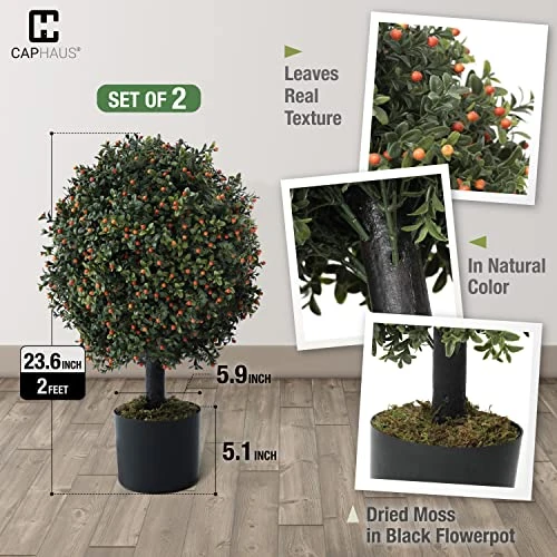 CAPHAUS Artificial Boxwood Topiary Ball Tree Set Of 2, Artificial UV Resistant Bushes, Faux Potted Tree, Plant In Pot W/Dried Moss, Fake Shrubs For Indoor, Front Porch, Outdoor, W/Orange Flower 4 CAPHAUS Artificial Boxwood Topiary Ball Tree Set Of 2, Artificial UV Resistant Bushes, Faux Potted Tree, Plant In Pot W/Dried Moss, Fake Shrubs For Indoor, Front Porch, Outdoor, W/Orange Flower - Image 2