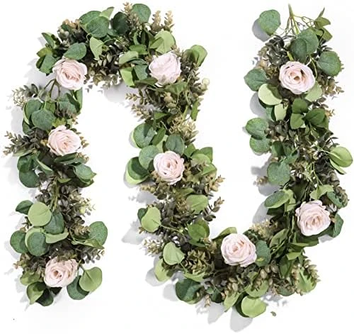 Miracliy 6 Ft Eucalyptus Garland With Flowers, Lambs Ear Greenery White Roses Flower Garland Fake Vines For Wedding Boho Table Mantle Backdrop Party Farmhouse Home Decor 11 Miracliy 6 Ft Eucalyptus Garland With Flowers, Lambs Ear Greenery White Roses Flower Garland Fake Vines For Wedding Boho Table Mantle Backdrop Party Farmhouse Home Decor - Image 9