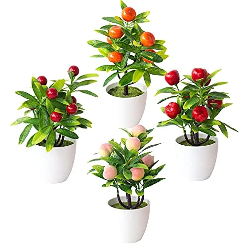 FXforer 4Pcs Mini Artificial Fruit Tree Potted Bonsai Plant,Decorative Lifelike Berry,Apple,Orange,Peach Plants With White Vase,Fake Plants Arrangement Topiary For Home Office Desk Room Decoration 3 FXforer 4Pcs Mini Artificial Fruit Tree Potted Bonsai Plant,Decorative Lifelike Berry,Apple,Orange,Peach Plants With White Vase,Fake Plants Arrangement Topiary For Home Office Desk Room Decoration