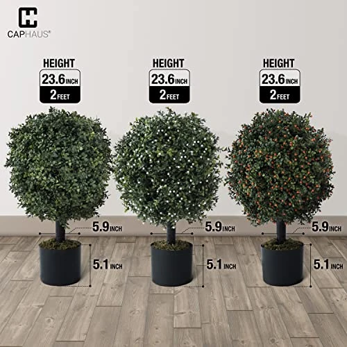 CAPHAUS Artificial Boxwood Topiary Ball Tree Set Of 2, Artificial UV Resistant Bushes, Faux Potted Tree, Plant In Pot W/Dried Moss, Fake Shrubs For Indoor, Front Porch, Outdoor, W/Orange Flower 5 CAPHAUS Artificial Boxwood Topiary Ball Tree Set Of 2, Artificial UV Resistant Bushes, Faux Potted Tree, Plant In Pot W/Dried Moss, Fake Shrubs For Indoor, Front Porch, Outdoor, W/Orange Flower - Image 3