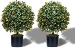 QAOUIEP Set Of 2 -Pre-Potted Artificial Potted Shrubs UV Resistant,24" Artificial Boxwood Topiary Ball Tree,for Indoor And Outdoor Home Garden