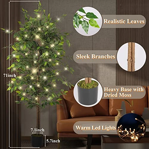 NeuType Artificial Ficus Tree 6FT, 2Packs Fake Ficus Tree Plant With Warm White LED String Lights, Tall Fake Plant Potted Faux Tree Indoor Home Office Decor Floor Plants For Living Room (71 In) 6 NeuType Artificial Ficus Tree 6FT, 2Packs Fake Ficus Tree Plant With Warm White LED String Lights, Tall Fake Plant Potted Faux Tree Indoor Home Office Decor Floor Plants For Living Room (71 In) - Image 4