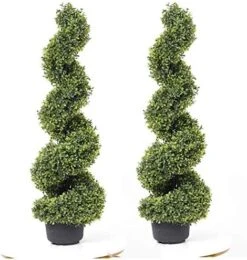 59 Inch Artificial Boxwood Topiary Tree Spiral Plants Fake Faux Plant Decor In Plastic Pot Green Indoor Or Outdoor, Set Of 2 -Artificial Trees Store 51ay2IILwL. AC