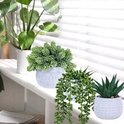 Winlyn 3 Pcs Assorted Small Potted Succulent Plants Artificial Aloe Hanging Succulent In White Geometric Concrete Ceramic Pots For Gift Party Wedding Favors Windowsill Table Shelf Indoor Outdoor Decor -Artificial Trees Store 51bVTswxPEL