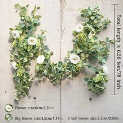 PARTY JOY 6.56ft Eucalyptus Garland With Flowers-8 White Roses, Artificial Fake Flowers Greenery Garland Floral Vines For Decoration Party Wedding Table Indoor Outdoor Backdrop Wall Decor(White) -Artificial Trees Store 51cQr3ZXyvL