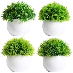 FEILANDUO 4 Pcs Mini Artificial Plants Potted Small Fake Plants For Shelf Green Plant In White Plastic Pot For Home Bathroom Decor Faux Plants (White, Set Of 4)