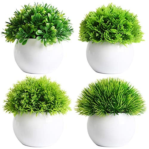 FEILANDUO 4 Pcs Mini Artificial Plants Potted Small Fake Plants For Shelf Green Plant In White Plastic Pot For Home Bathroom Decor Faux Plants (White, Set Of 4) 3 FEILANDUO 4 Pcs Mini Artificial Plants Potted Small Fake Plants For Shelf Green Plant In White Plastic Pot For Home Bathroom Decor Faux Plants (White, Set Of 4)