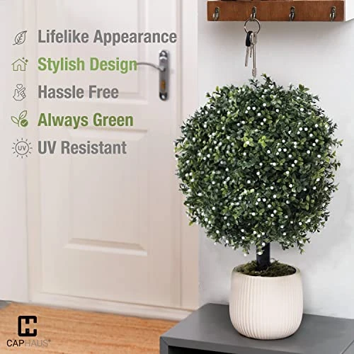 CAPHAUS Artificial Boxwood Topiary Ball Tree Set Of 2, Artificial UV Resistant Bushes, Faux Potted Tree, Plant In Pot W/Dried Moss, Fake Shrubs For Indoor, Front Porch, Outdoor, W/Orange Flower 7 CAPHAUS Artificial Boxwood Topiary Ball Tree Set Of 2, Artificial UV Resistant Bushes, Faux Potted Tree, Plant In Pot W/Dried Moss, Fake Shrubs For Indoor, Front Porch, Outdoor, W/Orange Flower - Image 5