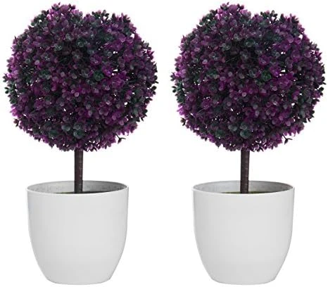 MyGift Tabletop Artificial Topiary Indoor Decor, Fake Plants Faux Purple Boxwood Ball Tree With White Planter Pots, Set Of 2 7 MyGift Tabletop Artificial Topiary Indoor Decor, Fake Plants Faux Purple Boxwood Ball Tree With White Planter Pots, Set Of 2 - Image 5