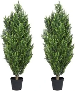 THE BLOOM TIMES 2 Pack Topiary Trees Artificial Outdoor Cedar Pine Fake Trees Potted UV Rated For Front Porch Faux Plants Indoor Decor (4 Feet, Green) -Artificial Trees Store 51eii1yLk9L. AC