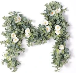 PARTY JOY 6.56ft Eucalyptus Garland With Flowers-8 White Roses, Artificial Fake Flowers Greenery Garland Floral Vines For Decoration Party Wedding Table Indoor Outdoor Backdrop Wall Decor(White) -Artificial Trees Store 51fcfCPsk6L. AC