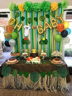 Moon Boat 120PCS Tropical Palm Leaves Plants Hibiscus Artificial-105Pcs 7 Kinds Green Fake Leaf+15pcs Flowers, Hawaiian/Luau/Safari Jungle Party Table Decorations -Artificial Trees Store 51hENVOMeTL