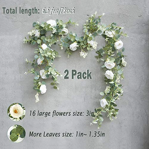 Der Rose 2 Pack 13Ft Artificial Eucalyptus Flower Garland With Fake Rose Flower Vine Seeded Eucalyptus Leaves Greenery Garland For Wedding Table Runner Backdrop Party Centerpiece Room Decor (White) 4 Der Rose 2 Pack 13Ft Artificial Eucalyptus Flower Garland With Fake Rose Flower Vine Seeded Eucalyptus Leaves Greenery Garland For Wedding Table Runner Backdrop Party Centerpiece Room Decor (White) - Image 2