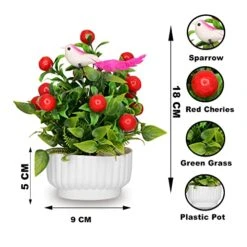S-BIV Artificial Mini Cherry Plant With Sitting Bird In Plastic Pot, Indoor Faux Artificial Plants With Pot For Desk Or Home Décor Artificial Green Plants For Décor (Red) -Artificial Trees Store 51nAtvb9g0L