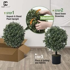 Fencer Wire Artificial Boxwood Topiary Ball Tree Set Of 2, Artificial UV Resistant Bushes, Faux Potted Tree, Plant In Pot W/Dried Moss, Fake Shrubs For Indoor, Front Porch, Outdoor, W/Orange Flower -Artificial Trees Store 51o9d5Y875L 1