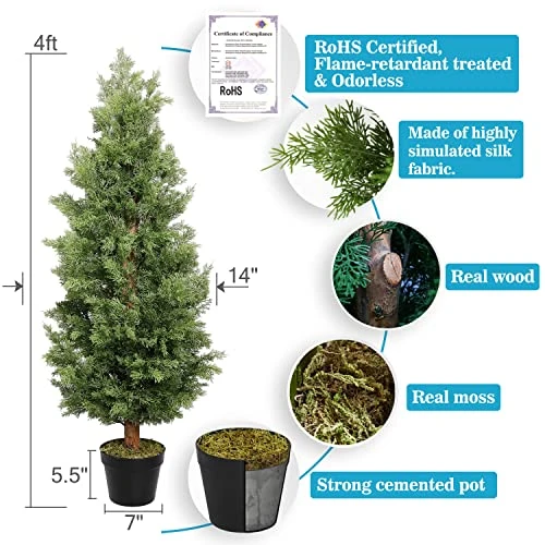 Aveyas 2 Pack 4ft Artificial Cone Topiary Cedar Trees In Cemented Plastic Pot, Fake Cypress Plants Faux Mini Pine Silk Trees For Indoor Outdoor Patio Front Door Porch Floor Home Modern Decor, 4 Feet 4 Aveyas 2 Pack 4ft Artificial Cone Topiary Cedar Trees In Cemented Plastic Pot, Fake Cypress Plants Faux Mini Pine Silk Trees For Indoor Outdoor Patio Front Door Porch Floor Home Modern Decor, 4 Feet - Image 2