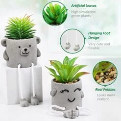 Natheeph 2 Pcs Succulents Plants Artificial Fake Plant Faux Succulents Hanging Leg With Cement Potted For Home Office Desk Bedroom Bookshelf Greenery Decoration (Smile & Bear) -Artificial Trees Store 51pUC9c69dL