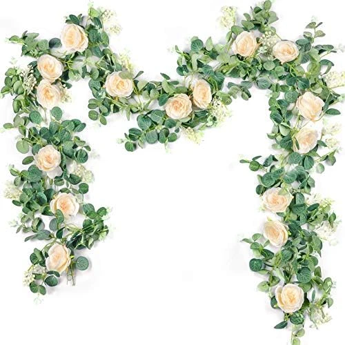 Der Rose 2 Pack 13Ft Artificial Eucalyptus Flower Garland With Fake Rose Flower Vine Seeded Eucalyptus Leaves Greenery Garland For Wedding Table Runner Backdrop Party Centerpiece Room Decor (White) 9 Der Rose 2 Pack 13Ft Artificial Eucalyptus Flower Garland With Fake Rose Flower Vine Seeded Eucalyptus Leaves Greenery Garland For Wedding Table Runner Backdrop Party Centerpiece Room Decor (White) - Image 7