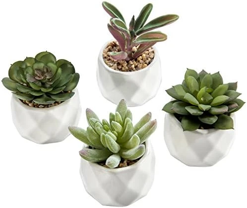 MyGift Miniature Artificial Succulents, Indoor Fake House Plants In Round White Geometric Ceramic Pots, Set Of 4 9 MyGift Miniature Artificial Succulents, Indoor Fake House Plants In Round White Geometric Ceramic Pots, Set Of 4 - Image 7
