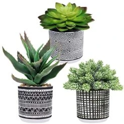 Winlyn Set Of 3 Assorted Small Potted Succulents Arrangement Artificial Succulent Plants In Black And White Geometric Pots For Table Centerpiece Windowsill Shelf Indoor Outdoor Garden Greenery Decor
