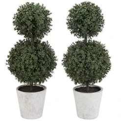MyGift 14.7 Inch Green Artificial Boxwood Topiary Trees - Decorative Faux Indoor Plants In Gray Paper Pulp Planter Pots