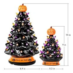RJ Legend Christmas Tree - Halloween Decoration Made With Ceramic, Orange Pumpkin Head-Home Decoration-Trick Or Treat- Over 50 Multicolor Bulbs, LED Light Up By Battery - Black, 15 Inch