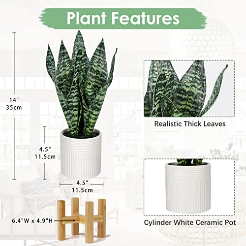 Briful 14'' Fake Snake Plant Home Decor Real Touch Faux Sansevieria Plant In White Ceramic Pot With Wooden Stand Artificial Snake Plant With Wide Leaves For Kitchen Living Room Bathroom Decorations 5 Briful 14'' Fake Snake Plant Home Decor Real Touch Faux Sansevieria Plant In White Ceramic Pot With Wooden Stand Artificial Snake Plant With Wide Leaves For Kitchen Living Room Bathroom Decorations - Image 3