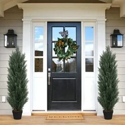 Binnny Flower 4ft Topiary Trees Artificial Outdoor 2 Pack Cedar Pine Faux Bushes And Shrubs Fake Potted Plants UV Rated 4 Feet For Front Porch Home Indoor Decor -Artificial Trees Store 51tYFcHUe9L