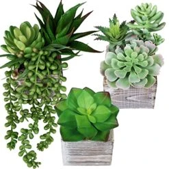 Set Of 3 Small Potted Succulents Plants Arrangement Decoration Assorted Green Fake Succulents Aloe In Rusitc Wooden Pots For Home Living Room Bathroom Table Windowsill Shelf Office Desk Indoor Decor