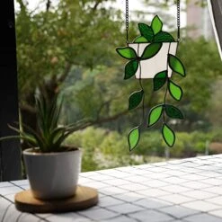 BOXCASA Green Plants Artificial Decor,Handcrafted Green Fake Plant Stained Glass Window Hanging,Faux Plant Suncatchers Decoration Gifts For Plant Lovers,Plant Gift For Mother Nana Grandma Aunt -Artificial Trees Store 51uMTFGjhFL